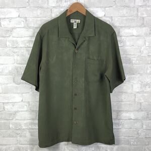 Caribbean Joe Green Rayon/Polyester Loop Button Palm Hawaiian Shirt Large